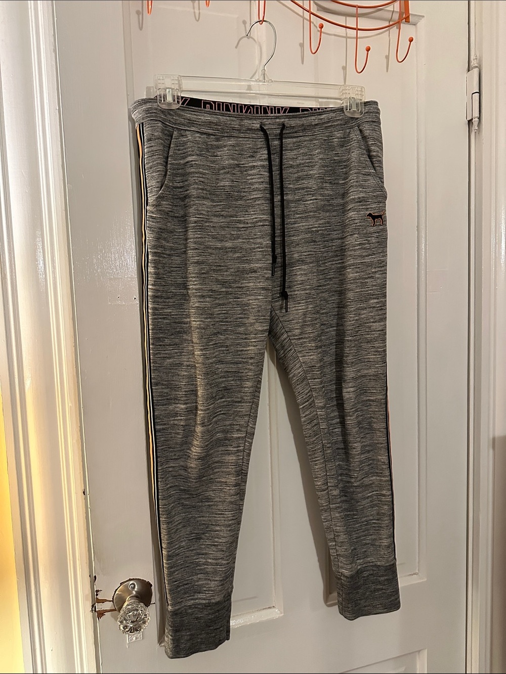 Women’s Gray Victoria’s Secret PINK Jogger Pants Orange Stripe Size Large